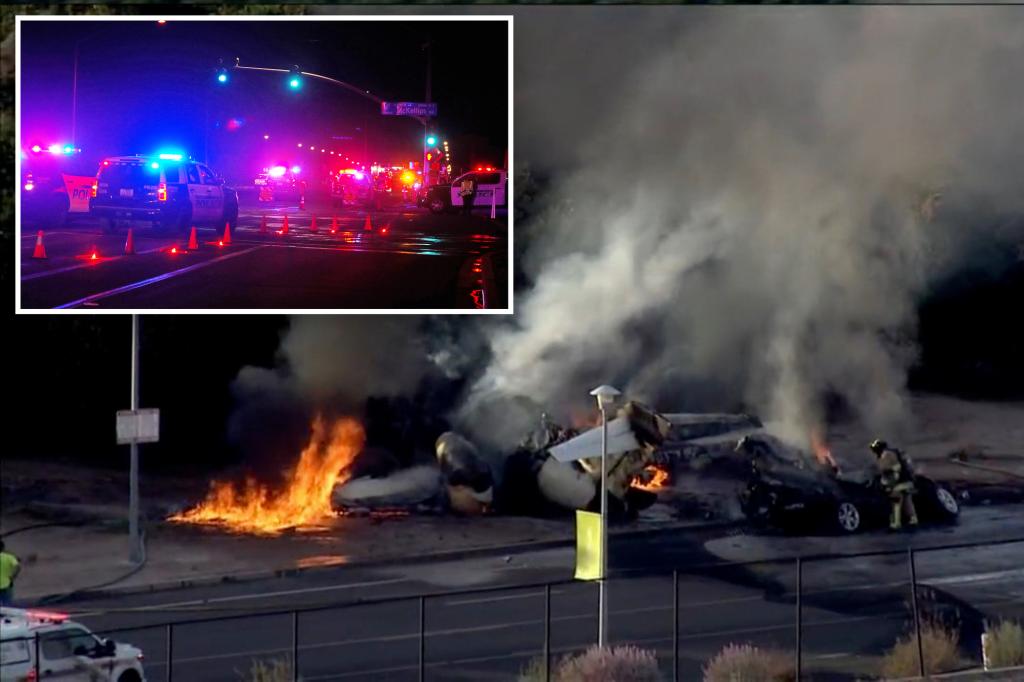 A small jet crashed through an airport wall and into a car during an aborted takeoff at an Arizona airport, killing all five people on board and snarling traffic for hours, according to reports.