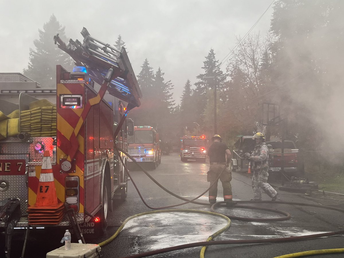 Scene of a 2-story duplex fire in SE Portland. 5 adults and 3 pets forced out but not hurt. Crews tell the fire likely started in garage and blew out windows.