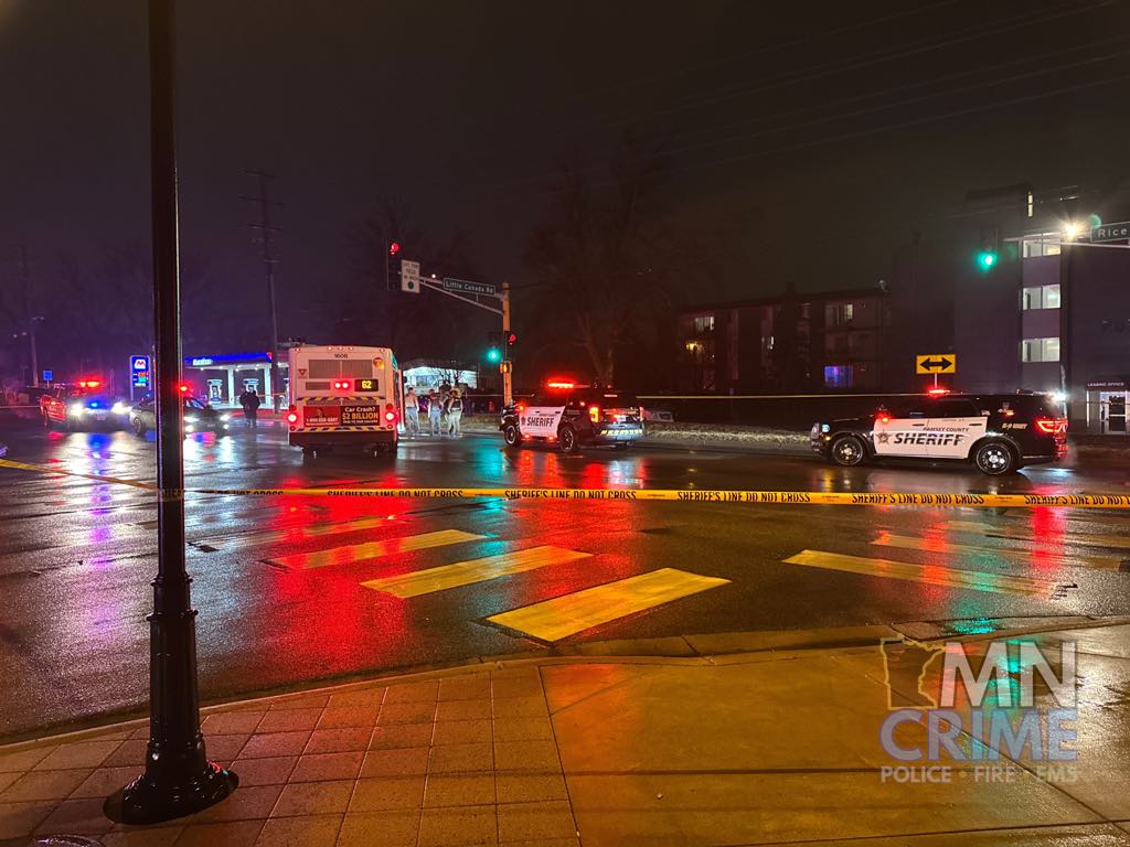 LITTLE CANADA: Responders are on scene at Little Canada Rd. & Rice St. after a pedestrian was reportedly struck by a Metro Transit bus shortly before 8:15 p.m. Deputies said the pedestrian was critically injured, located down near the intersection and with agonal breathing.