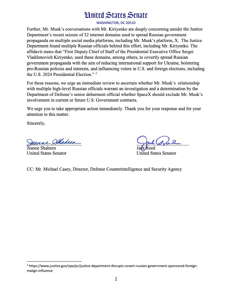 Democratic senators Shaheen and Reed ask Pentagon watchdog and Justice Department to investigate Elon Musk's contacts with Russians given Musk's security clearance and SpaceX defense contracts: