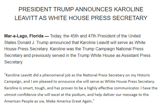 Trump names Karoline Leavitt as White House Press Secretary