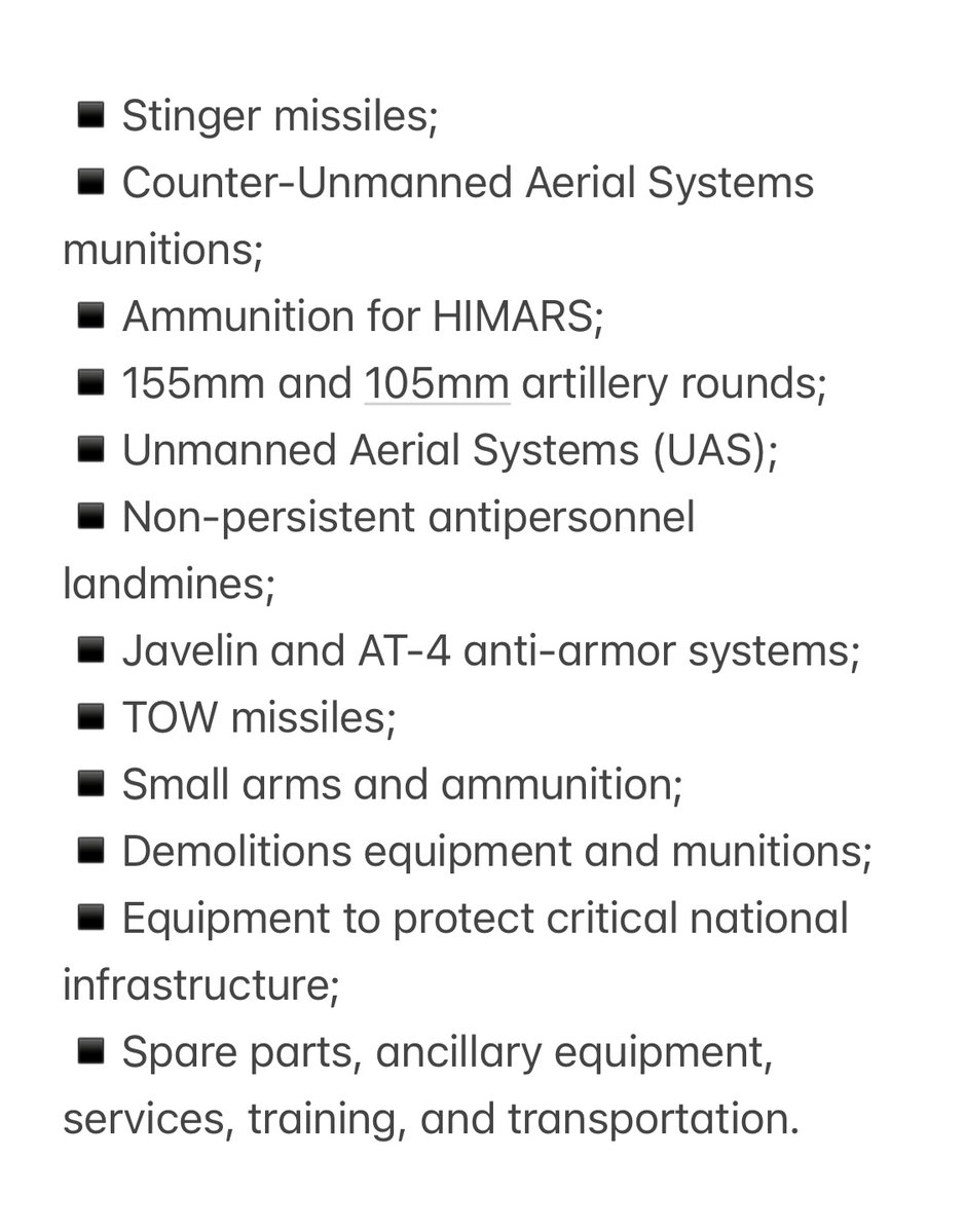 The U.S. announced an additional weapons package for Ukraine valued at $725 million. It includes ammunition for HIMARS and artillery, Unmanned Aerial Systems, non-persistent antipersonnel landmines, Stingers, Javelins, and more