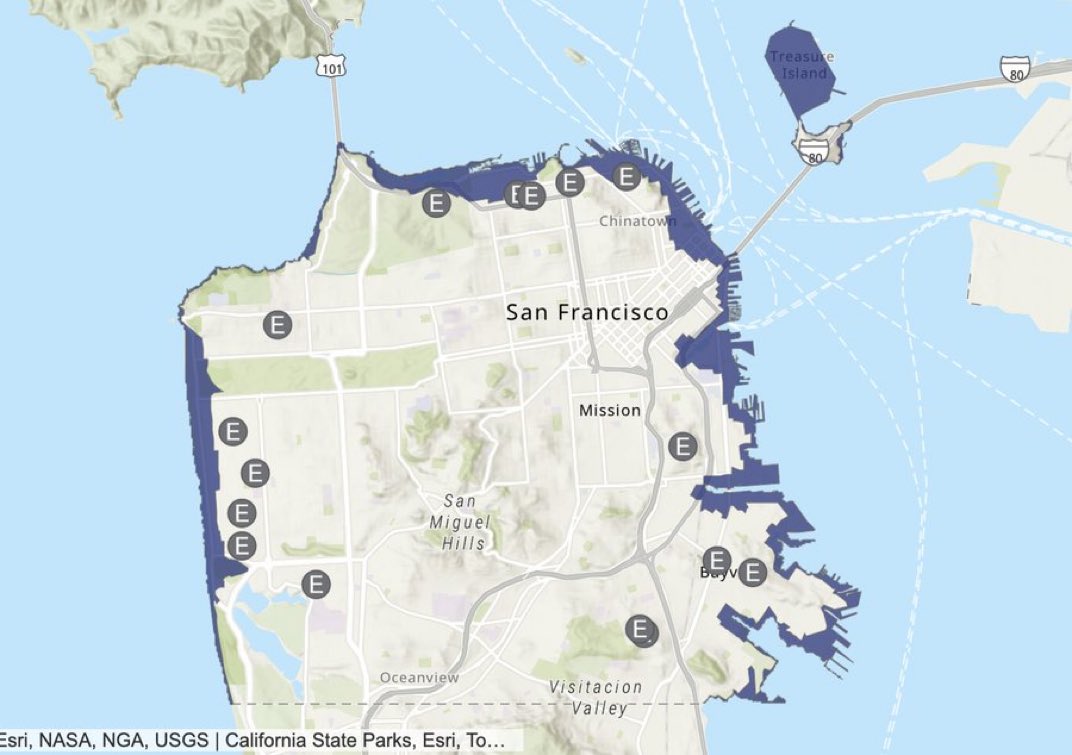 Image shows Tsunami risk for San Francisco Bay Area; Transbay BART service suspended