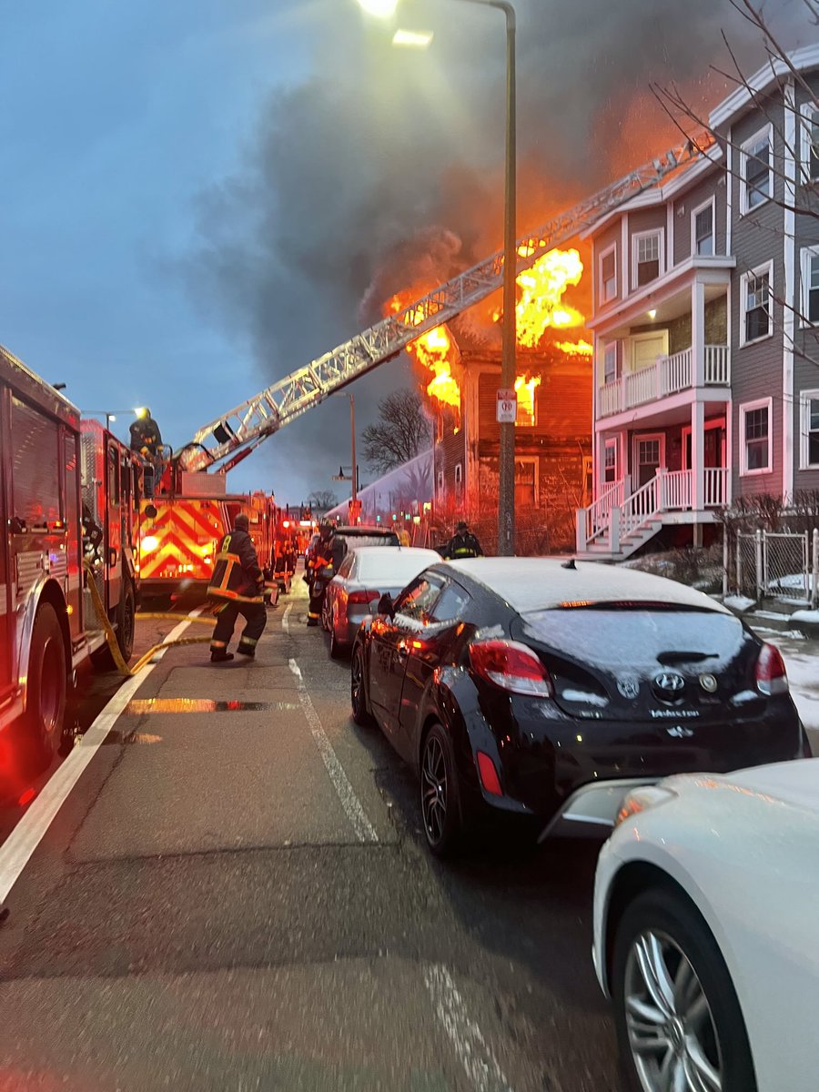 Heavy fire from the 2nd floor and attic of a large abandoned building in the 600 block of Columbia Road Dorchester.A 2nd alarm was ordered