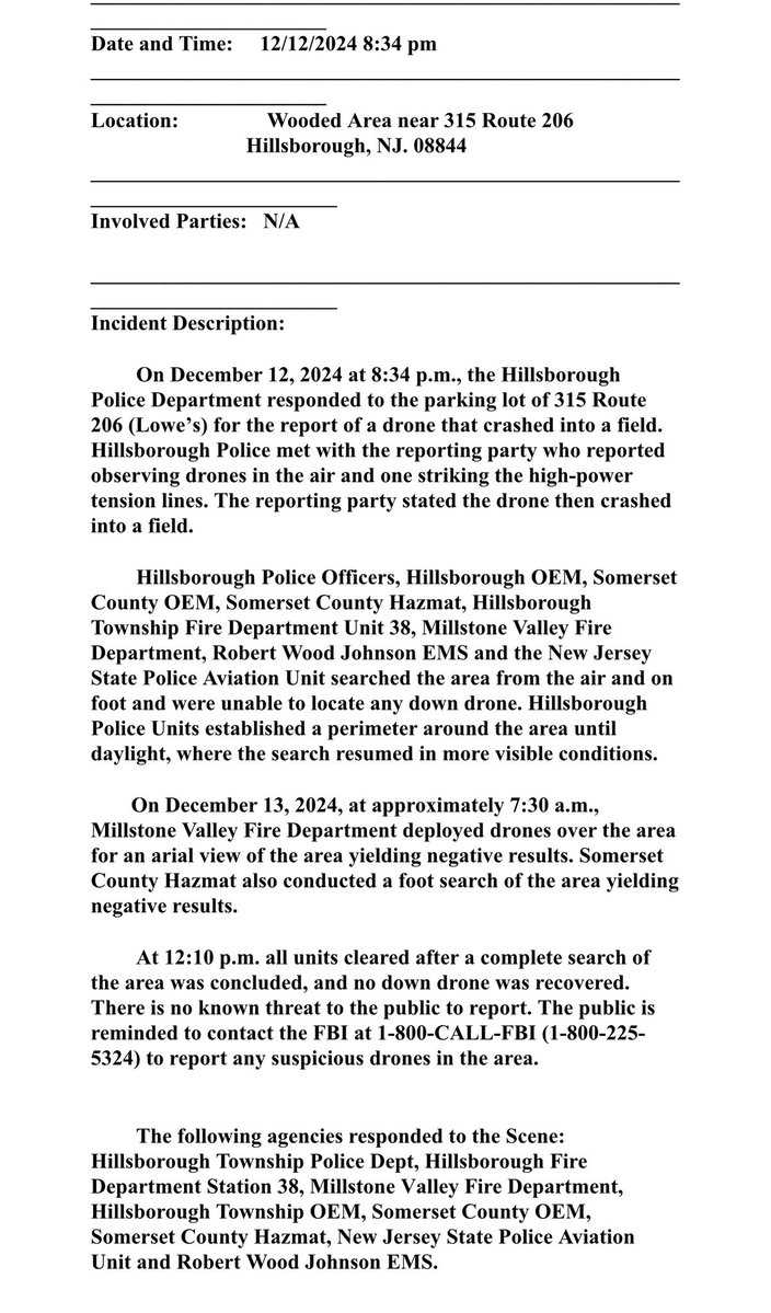 From Hillsborough: No drone found.   Investigation released a Negative report of a drone striking a power line and crashed into a field near the Lowe's parking lot  @TonyCaputo