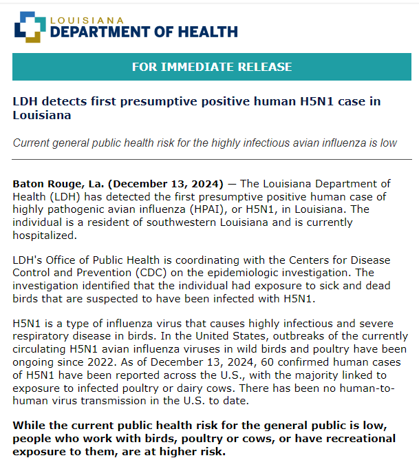 La Louisiane a signalé son premier cas humain de grippe aviaire H5N1, lié à des oiseaux malades. Il s'agit également du premier cas américain à être hospitalisé. Aucun détail n'est encore disponible sur leur état de santé