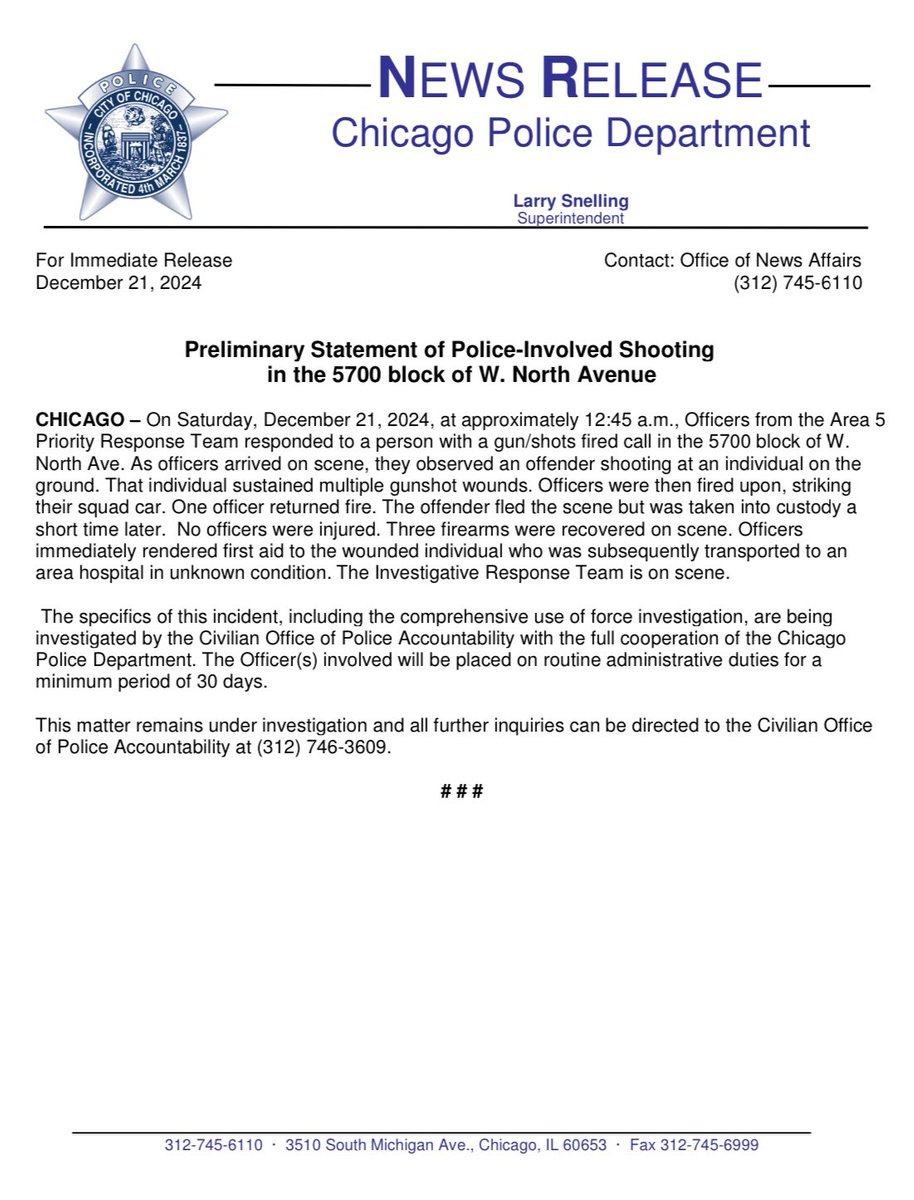 Preliminary Statement of Police-Involved Shooting in the 5700 block of W. North Avenue