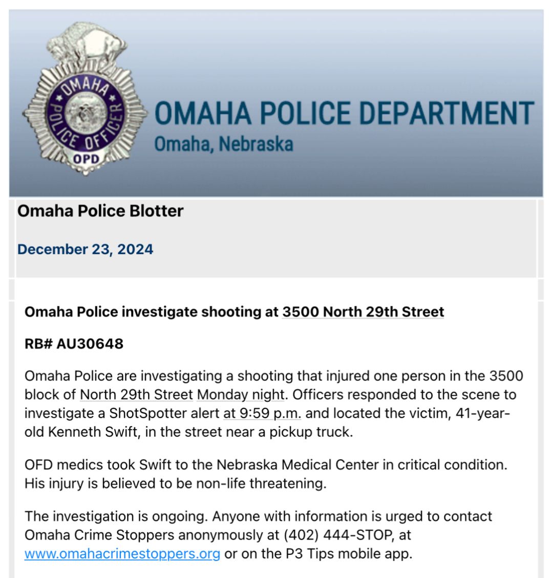 Omaha Police are investigating a shooting that injured one person in the 3500 block of North 29th Street Monday night. Officers responded to the scene to investigate a alert at 9:59 p.m. and located the victim, 41-year-old Kenneth Swift, in the street near a pickup