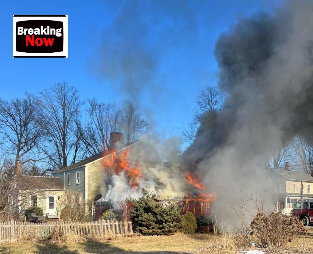 Wethersfield Barn fire fully involved threatening a house 527 Main St Command calling for an initial deck gun attack and 2.5 inch exterior handlines.