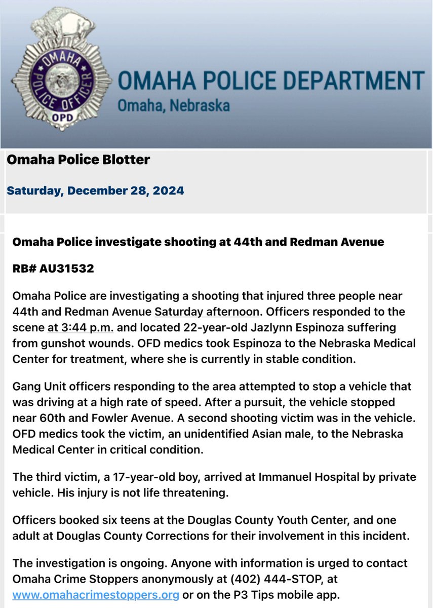 @Omaha Police are investigating a shooting that injured three people near 44th and Redman on Saturday. Six teens were booked into DCYC and one adult was booked into DCC in relation to this incident