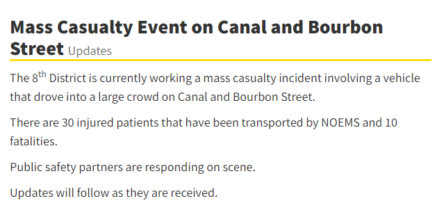 At least 10 people killed, 30 injured after vehicle driven into crowd in New Orleans, city confirms