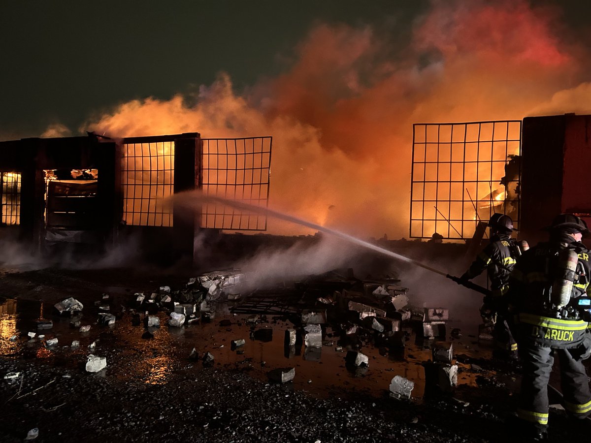 Fire at the warehouse on Hague St last night was found by @rochesternypd officers who responded for a burglar alarm around 9:15. FFs escalated the incident to what ended up as a 5th alarm due to the condition of the building, progression of the fire.