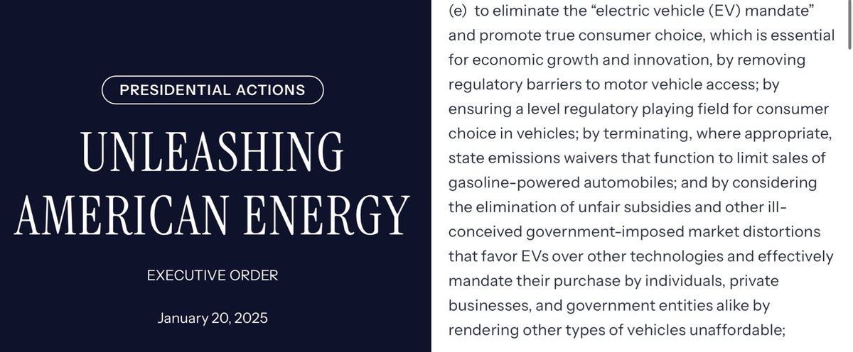 La orden ejecutiva Unleashing American Energy incluye este párrafo sobre los vehículos eléctricos, sugiriendo terminar, cuando sea apropiado, las exenciones de emisiones estatales que funcionan para limitar las ventas de automóviles a gasolina y considerar la eliminación de subsidios injustos.