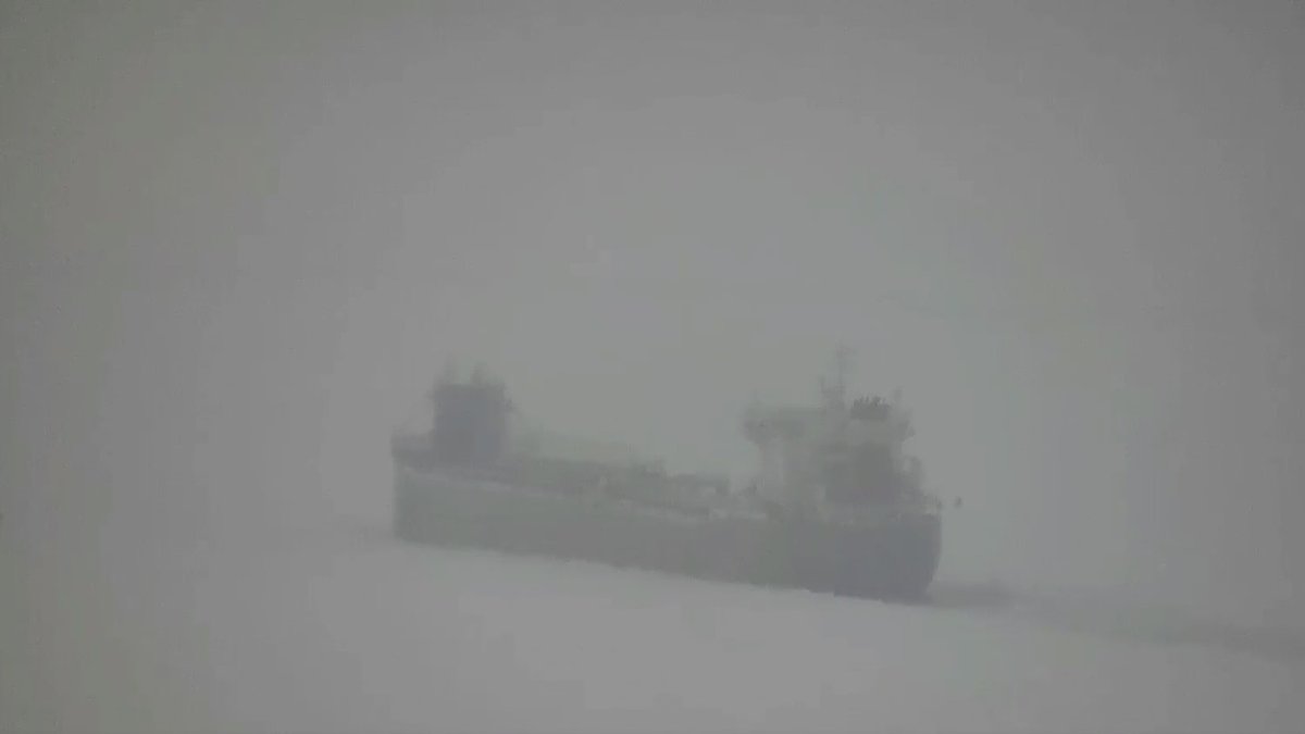 Ship stuck in ice off Lake Erie shoreline in Buffalo