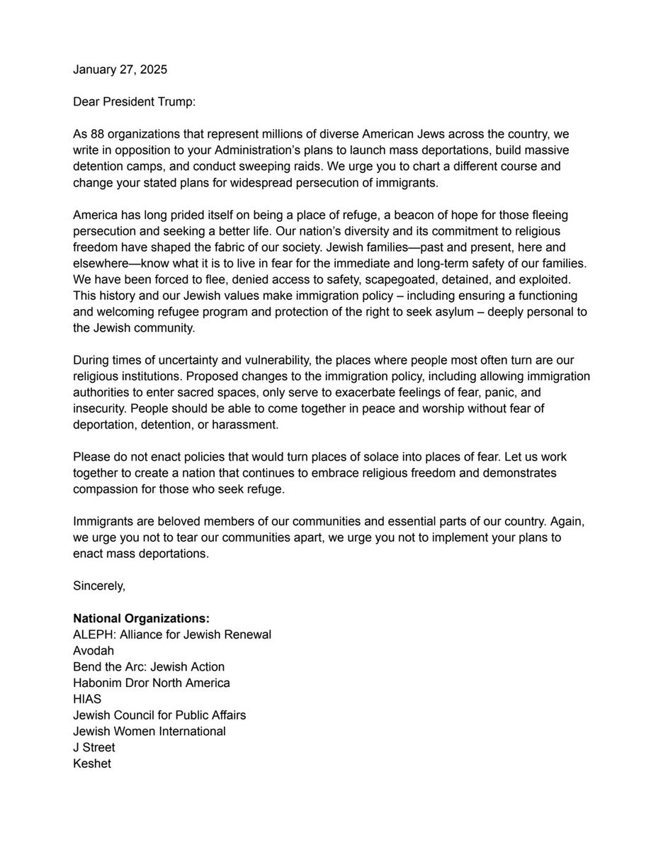 In open letter to Trump, 88 Jewish orgs urge the president to “chart a different course” and change administration's plans “to launch mass deportations, build massive detention camps, and conduct sweeping raids.”