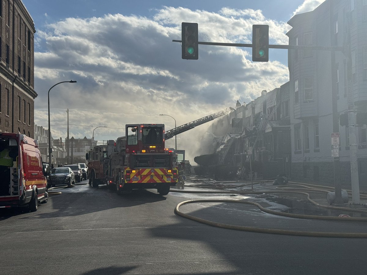 More than 70 Philadelphia Fire Fighters responded to a fire on S 57th St and Chestnut.As of now 4 people including 3 children taken to hospital. Around 1:30pm PFD responded to fire in a 2-story row home that spread to several other homes due to gusty winds