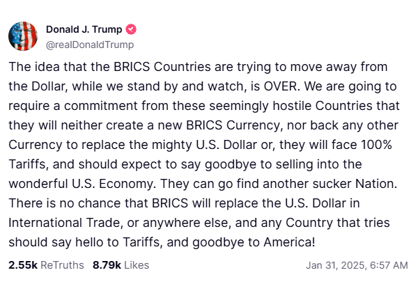 US President Donald J Trump posts, The idea that the BRICS Countries are trying to move away from the Dollar, while we stand by and watch, is OVER. We are going to require a commitment from these seemingly hostile countries that they will neither create a new BRICS Currency, nor back any other Currency to replace the mighty U.S. Dollar or, they will face 100% tariffs, and should expect to say goodbye to selling into the wonderful U.S. economy. They can go find another sucker nation. There is no chance that BRICS will replace the U.S. Dollar in International Trade, or anywhere else, and any Country that tries should say hello to Tariffs, and goodbye to America!