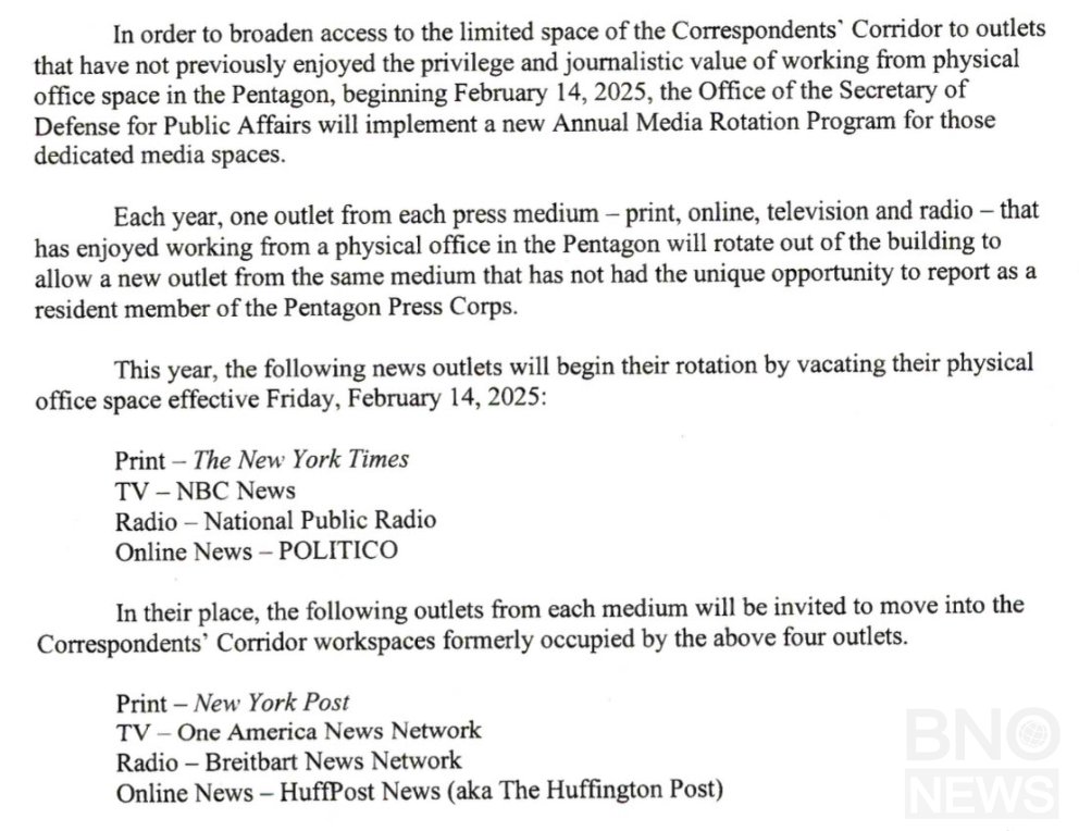 The Pentagon is making changes to the resident Press Corps (journalists who have physical workspaces in the building):  OUT: New York Times, NBC News, NPR, Politico  IN: New York Post, OANN, Breitbart, HuffPost