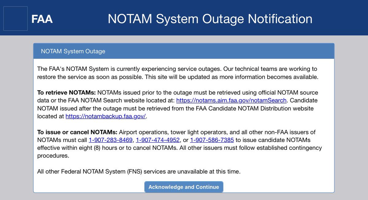 Das NOTAM-System (Notice to Air Missions) der Federal Aviation Administration (FAA) ist derzeit schwer gestört