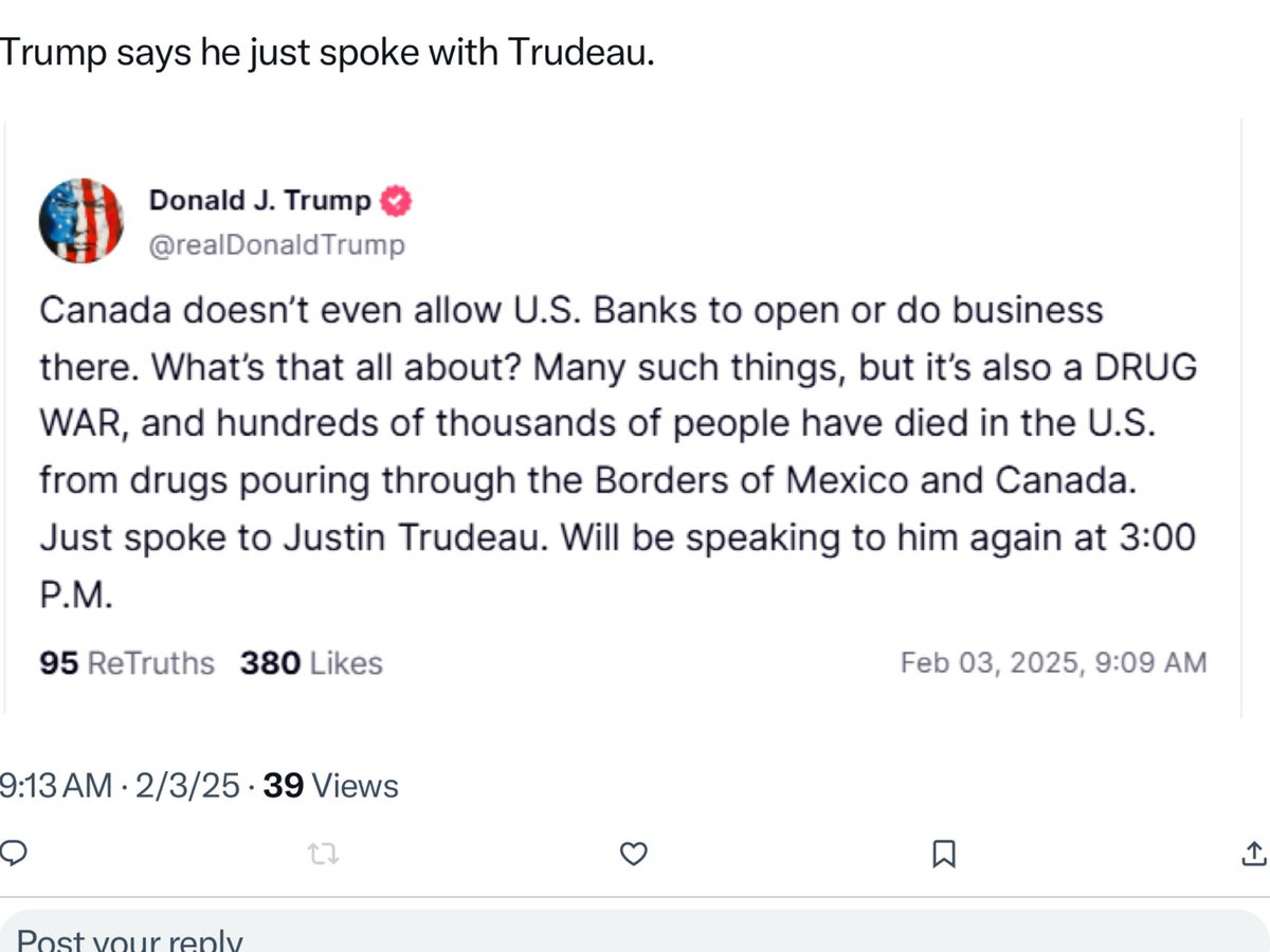 Trump says he spoke with Trudeau, will speak with him again at 3pm