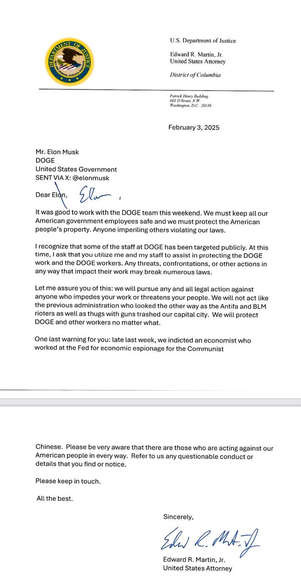 Interim US attorney Ed Martin, whose office just fired a bunch of J6 prosecutors, is now telling Elon Musk they will prosecute anyone who targets DOGE employees. Presumably this is in response to a Wired article naming some, and a protest at OPM that occurred yesterday