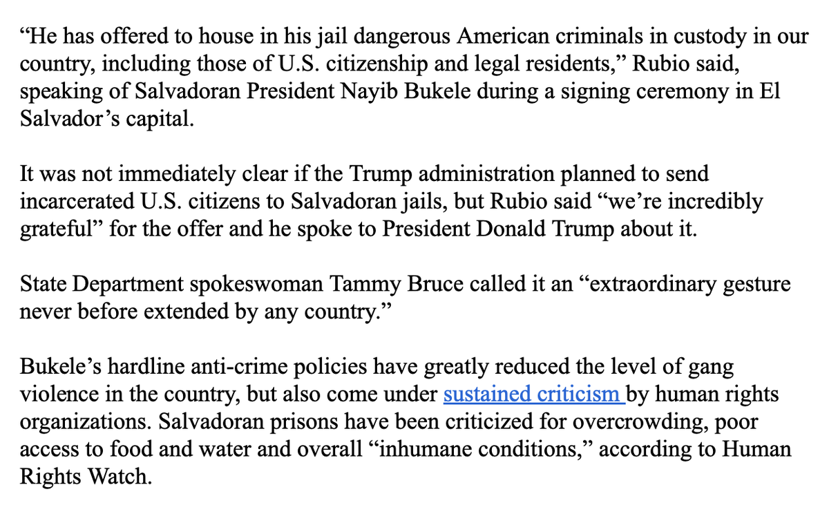 Rubio says El Salvador’s president has offered to house incarcerated *Americans* in Salvadoran jail cells in what the U.S. secretary of state called the most “unprecedented” and “extraordinary migratory agreement anywhere in the world.”