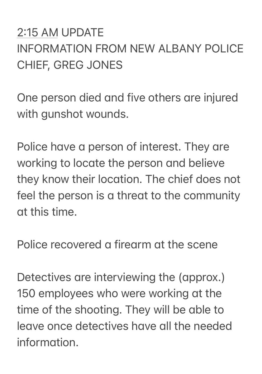 One person died and five others are injured with gunshot wounds, according to the New Albany Police Chief. The person of interest is not in custody