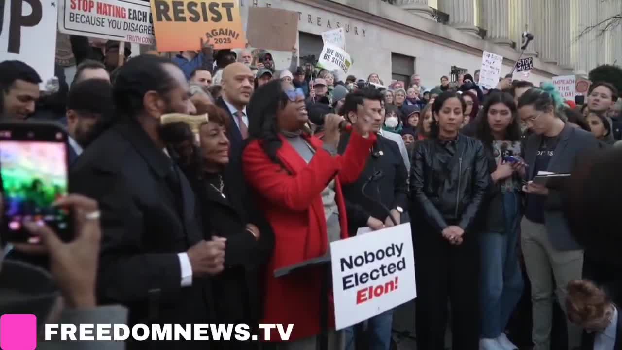 „Lasst uns rein. Lasst uns rein. Demonstranten skandieren vor dem Finanzministerium in Washington DC. „Wir werden das nicht dulden, wir werden zurückschlagen, sagte die Abgeordnete LaMonica McIver (Demokratin, New Jersey).