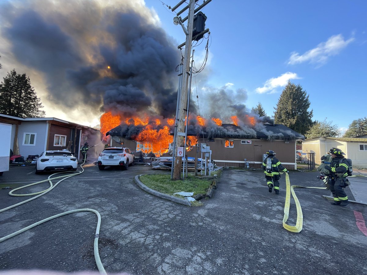 Puget Sound Fire is on location of a 2-alarm fire in the 24400 block of 64th Avenue South. Firefighters arrived to a fully involved manufactured home