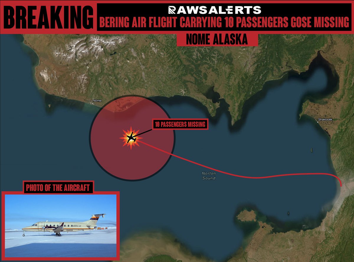 Search underway after a Bering Air flight carrying 10 passengers has gone missing. At this time Emergency crews in Nome, Alaska, are urgently searching for a missing aircraft. The Bering Air Cessna 208B Grand Caravan EX, registration number N321BA, carrying 10 passengers, departed from Unalakleet, Alaska, on a scheduled flight to Nome but disappeared en route. The aircraft last made contact shortly after takeoff before vanishing from radar. Search and rescue teams, including local authorities and the Alaska Air National Guard, have launched a coordinated ground and aerial search. Officials are urging residents in remote areas to report any signs of wreckage as efforts intensify.