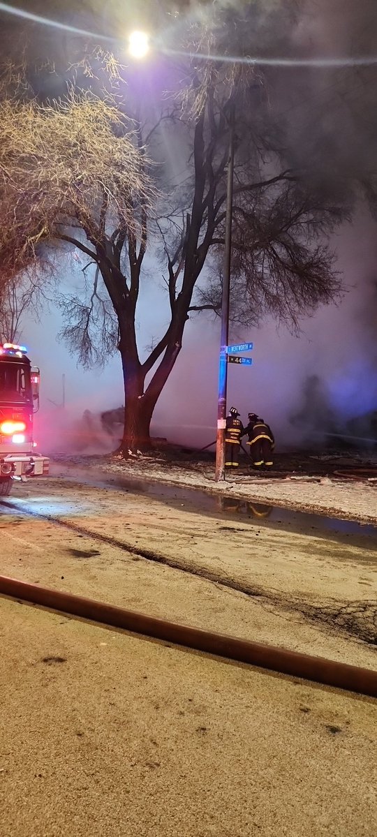 Still and Box alarm 44th Pl and Wentworth. Vacant building fully involved, collapsed. No injuries. CFD on scene with exterior defensive attack