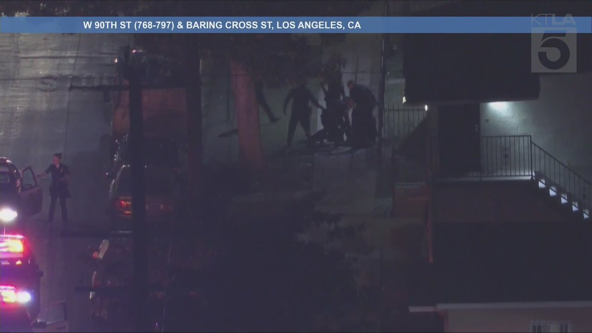 LAPD officers detained multiple suspects after a vehicle pursuit in South L.A. on Monday night. According to unconfirmed reports, there were three suspects in the car, possibly armed, all wanted for grand theft auto