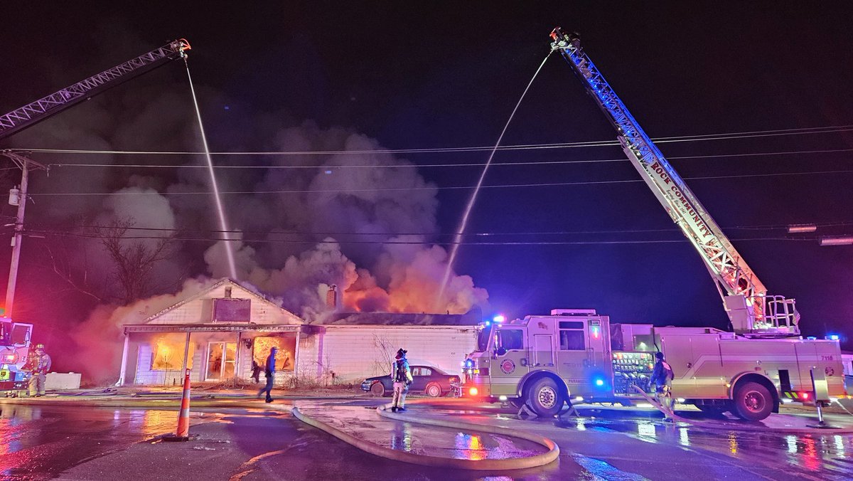 Rock Community Fire with mutual aid from other departments fighting a two-alarm fire in the 4300 block of Jeffco Blvd, just south of Arnold