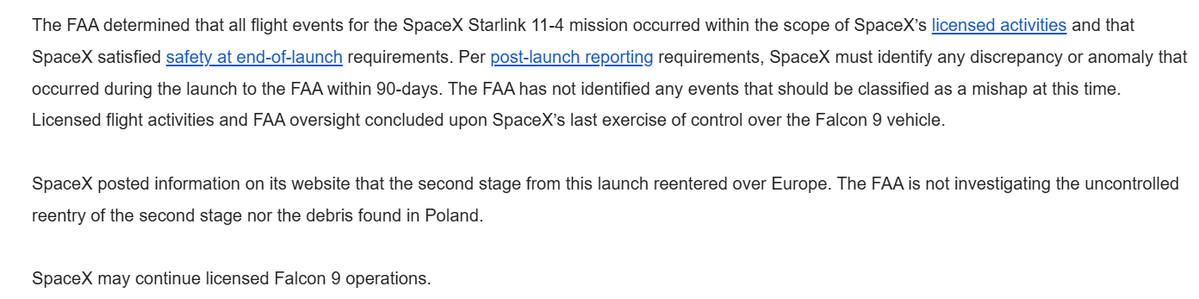 FAA has an update on the Feb 1st Falcon 9 2nd stage failure that left debris in Poland. FAA not classifying it as a mishap. Licensed activity and FAA oversight concluded upon SpX's last exercise of control of the rocket. Not investigating the reentry or debris