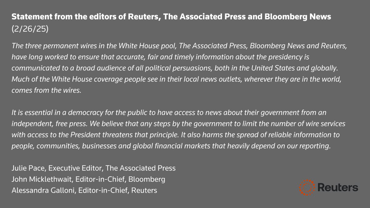 Declaración de los editores de Reuters, The Associated Press y Bloomberg News sobre la nueva política de la Casa Blanca