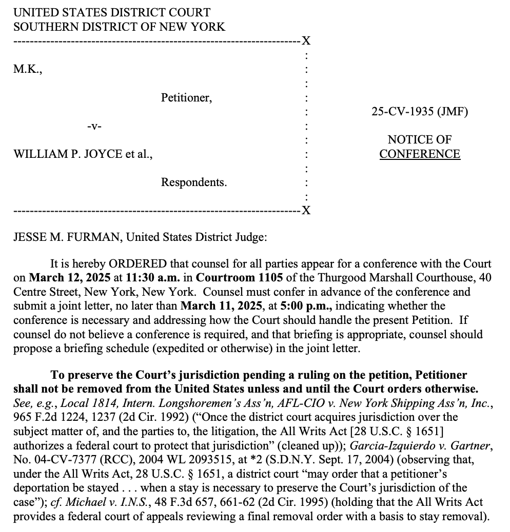 A federal judge in NY has blocked any effort by the Trump administration to deport Mahmoud Khalil – whose arrest and imminent deportation Trump celebrated on Turth Social today — until further proceedings play out