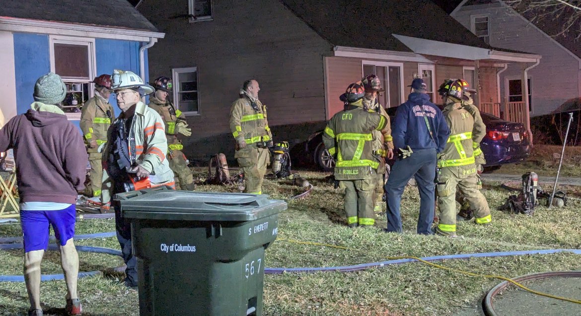 Columbus officials are investigating a fire at a home on Everett Ave. Two adults were trapped upstairs and assisted down a ladder to safety. Two children were transported to NCH in stable condition. The cause of the fire is under investigation