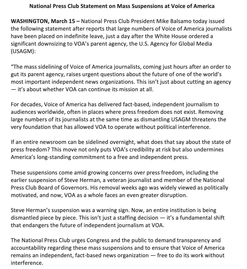 National Press Club Statement on Mass Suspensions at Voice of America: For decades, Voice of America has provided fact-based journalism to millions. Now, after its parent agency was gutted, its journalists are being sidelined en masse. This raises urgent questions about the future of press freedom. Full @PressClubDC statement: