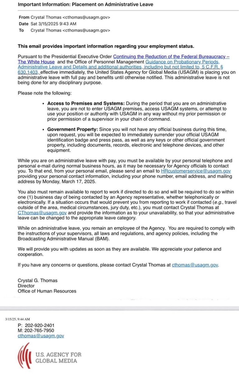 Journalists at Voice of America were just informed that they’ve been put on administrative leave. Two people there told this went to all fulltime employees. “From what we can tell, VOA is effectively shut down from this moment.”