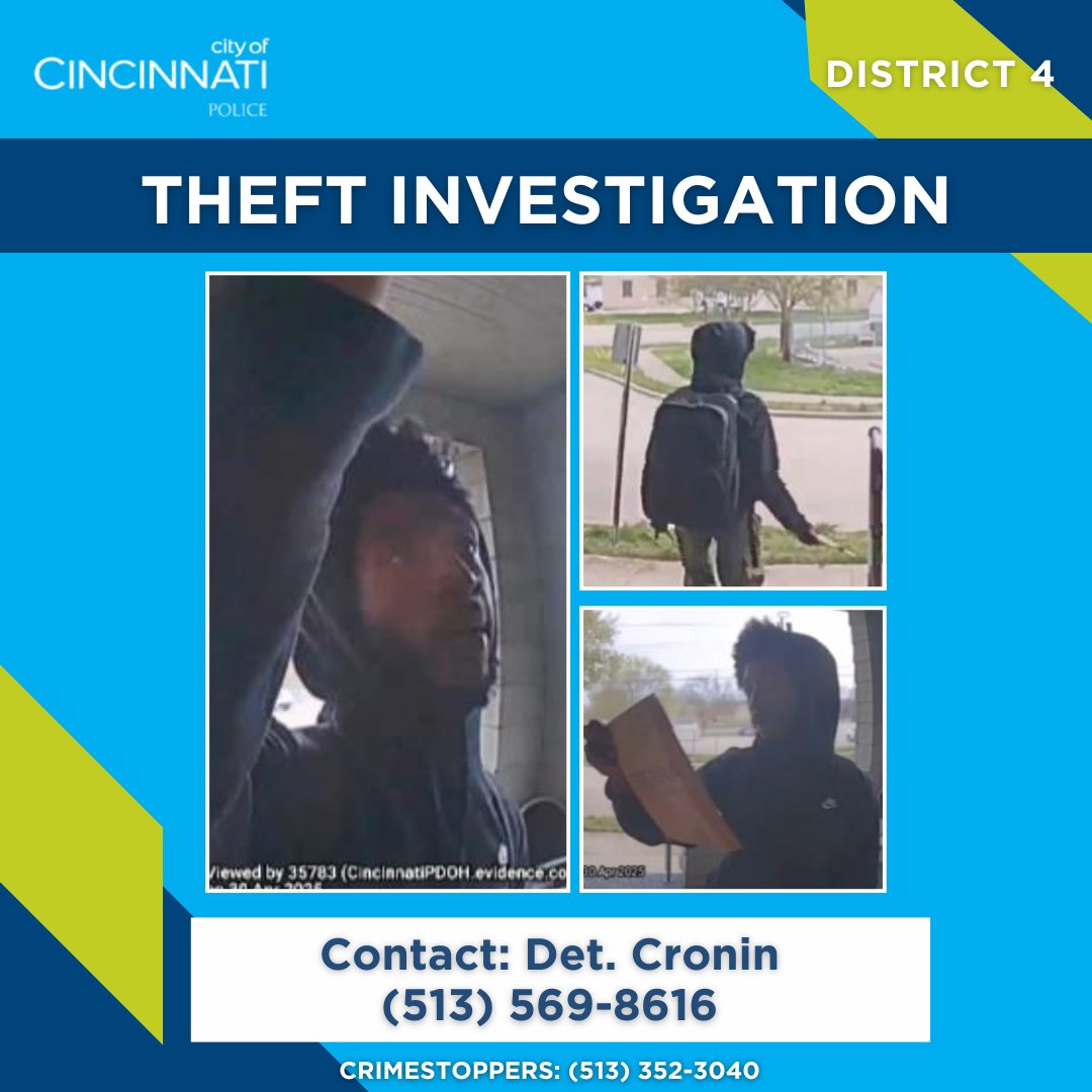 CPD is investigating a package theft that occurred at 508 Orient Ave. on 4/17/25 at 4:12 PM. This suspect stole a package out of the victim’s mailbox.