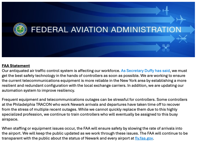 La déclaration de la FAA concernant Newark confirme que  certains  contrôleurs aériens sont désormais en congé de 45 jours pour traumatisme  afin de se remettre du stress causé par les multiples pannes récentes . Aucune solution à court terme n'est en vue.  Nous ne pouvons pas les remplacer rapidement en raison de leur profession hautement spécialisée. 