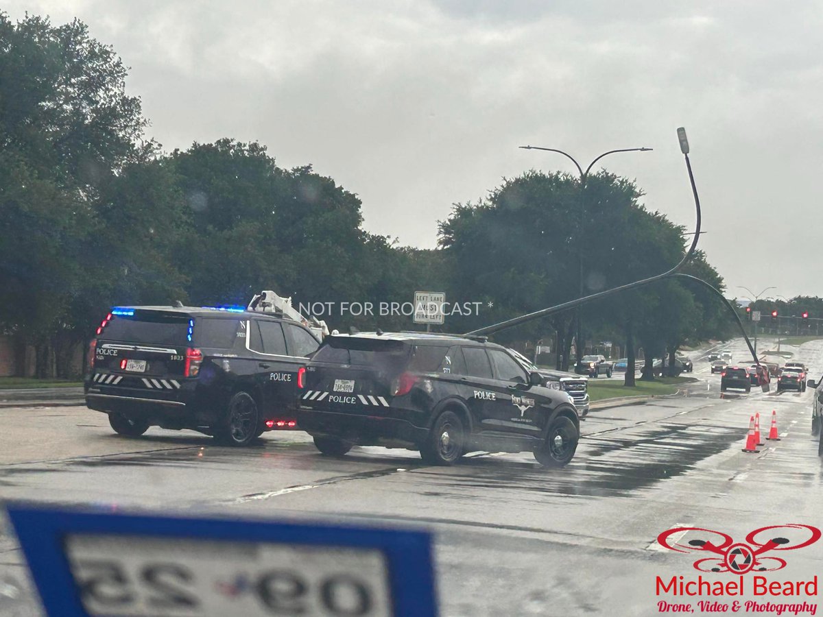 2 hours later, FWPD remains on scene as city crews work to repair a light pole after a truck decided to tackle it on the 5800 block of N Beach St. around days 10:30 this morning. No major injuries reported