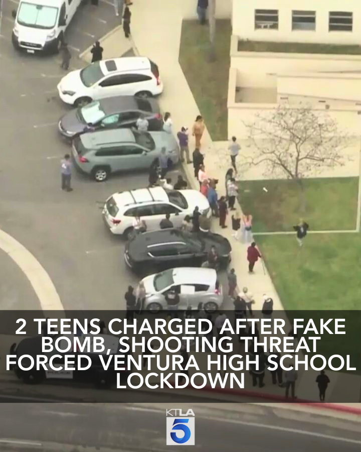 Two Ventura High School students were arrested and charged with felonies after calling in a fake bomb and shooting threat that forced a lockdown of their school