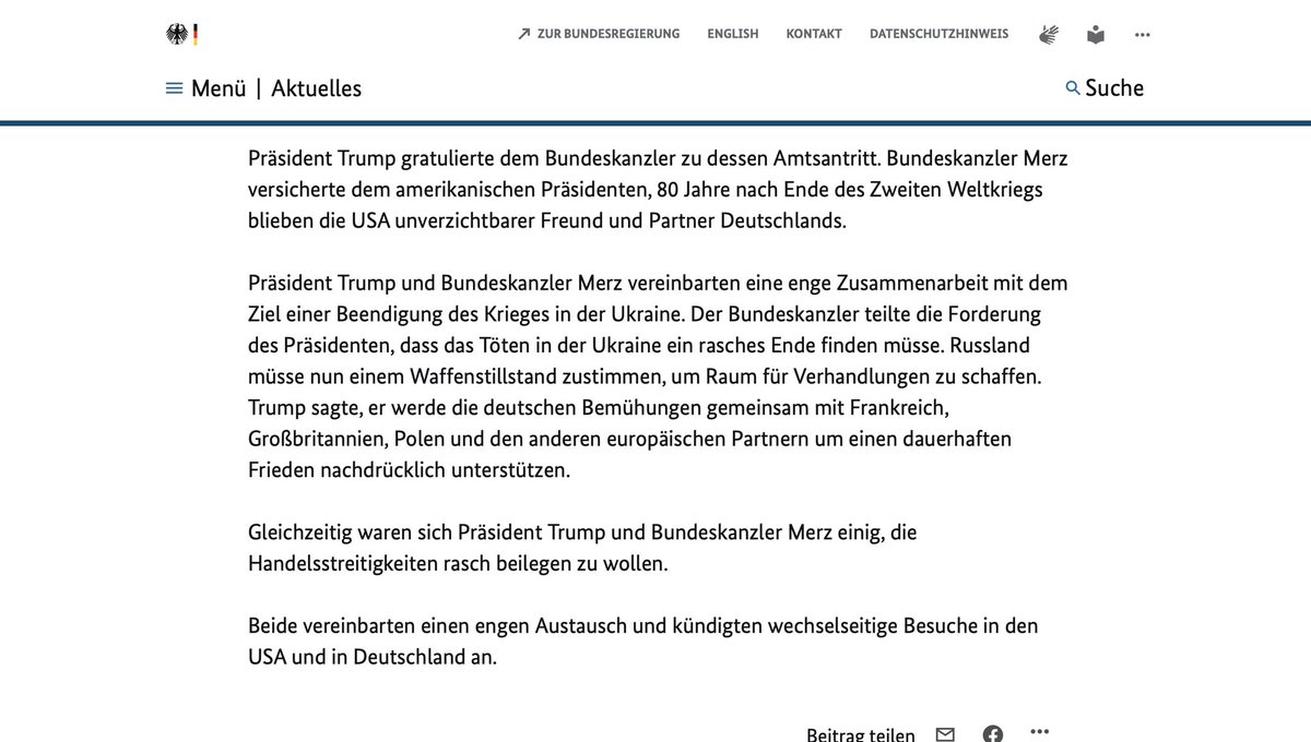 Merz et Trump se sont entretenus au téléphone pour la première fois. Un communiqué allemand indique que les deux hommes ont convenu : - d'une  coopération étroite en vue de mettre fin à la guerre en Ukraine  ; - de  la Russie doit accepter une trêve  ; - de  vouloir mettre fin rapidement aux désaccords commerciaux  ; - d'une  coopération étroite  et de visites prochainement.