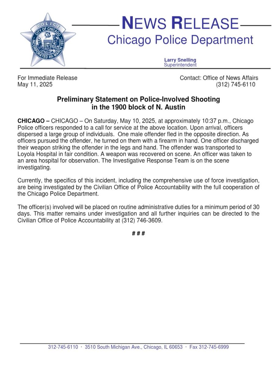 Preliminary Statement on Police-Involved Shooting in the 1900 Block of N. Austin