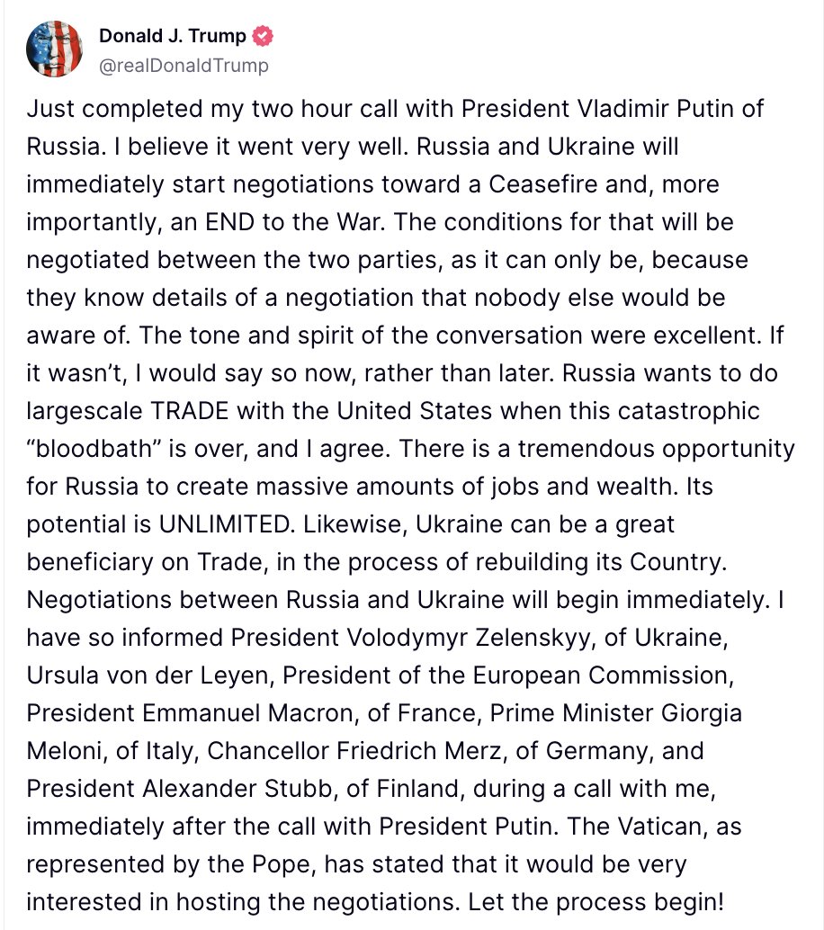 Trump mówi, że jego rozmowa telefoniczna z Putinem była doskonała: „Rosja i Ukraina natychmiast rozpoczną negocjacje w sprawie zawieszenia broni i, co ważniejsze, ZAKOŃCZENIA wojny. Warunki tego zostaną wynegocjowane między obiema stronami