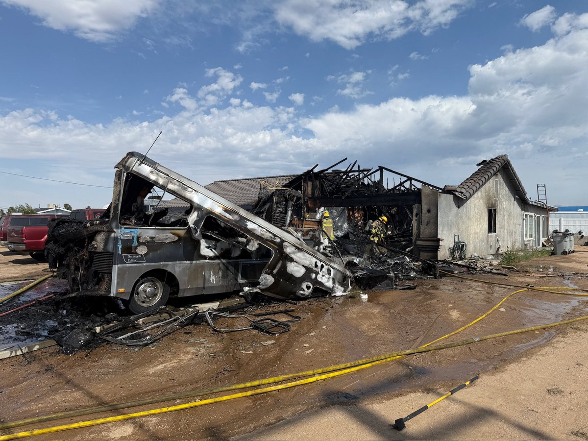 San Bernardino County Fire Protection District responded to multiple 911 calls reporting a garage fire on the 17700 block of Hercules Street in Hesperia. First-arriving fire crews encountered a fully involved attached garage of a single story home that had spread to an adjacent motorhome.
