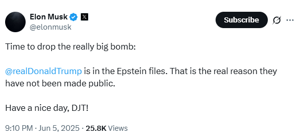 Elon Musk twierdzi, że Trump jest w aktach Epsteina. „To jest prawdziwy powód, dla którego nie zostały one ujawnione – mówi