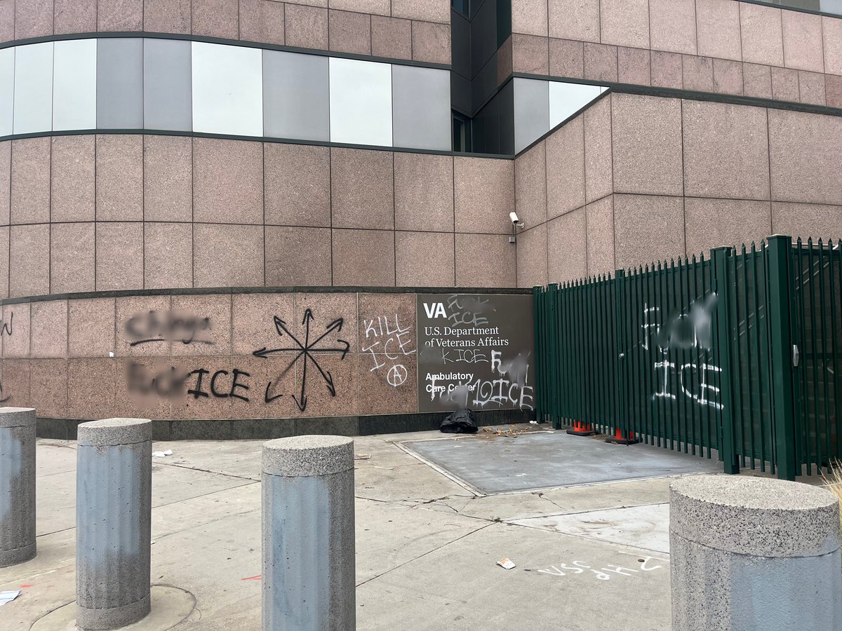 Vandalism outside the Federal Detention Center in downtown Los Angeles.  Much of the graffiti is anti ICE, police, and @elonmusk