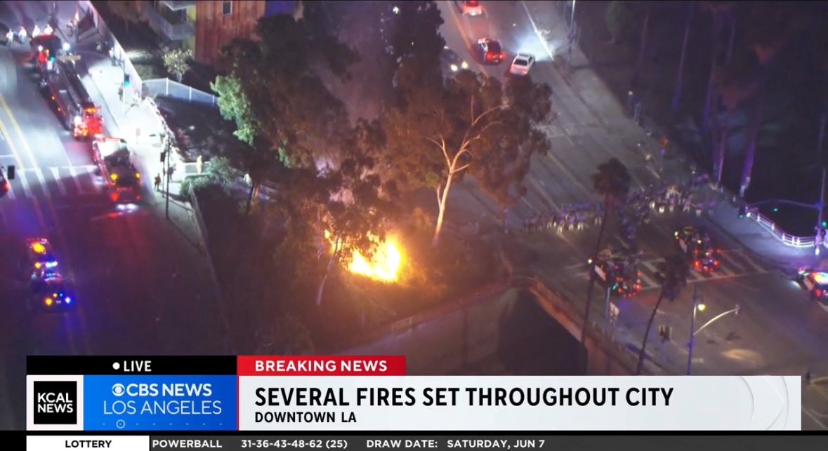 Multiple calls coming in of looters fighting with LAPD officers at 6th & Broadway Someone just started a brush fire at Hill St & the 101 freeway